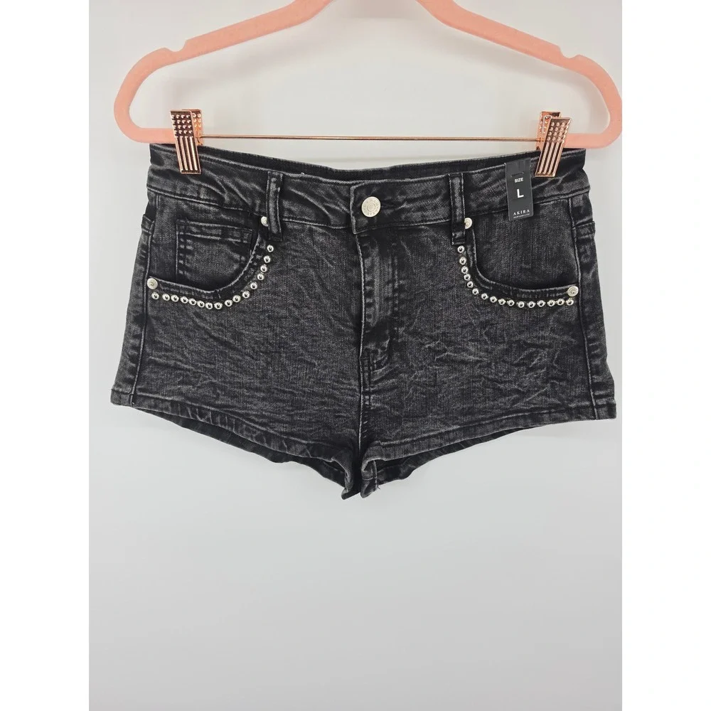 Akira Womens Studded Acid Wash Denim Shorts Black High Waisted Hot Pants Large